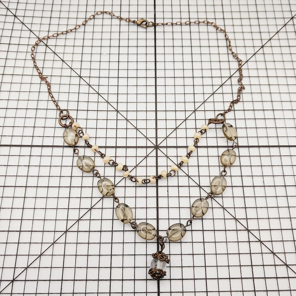 Necklace VTG Double Strand Glass Bead Faux Pearl Antique Brass Victorian Boho